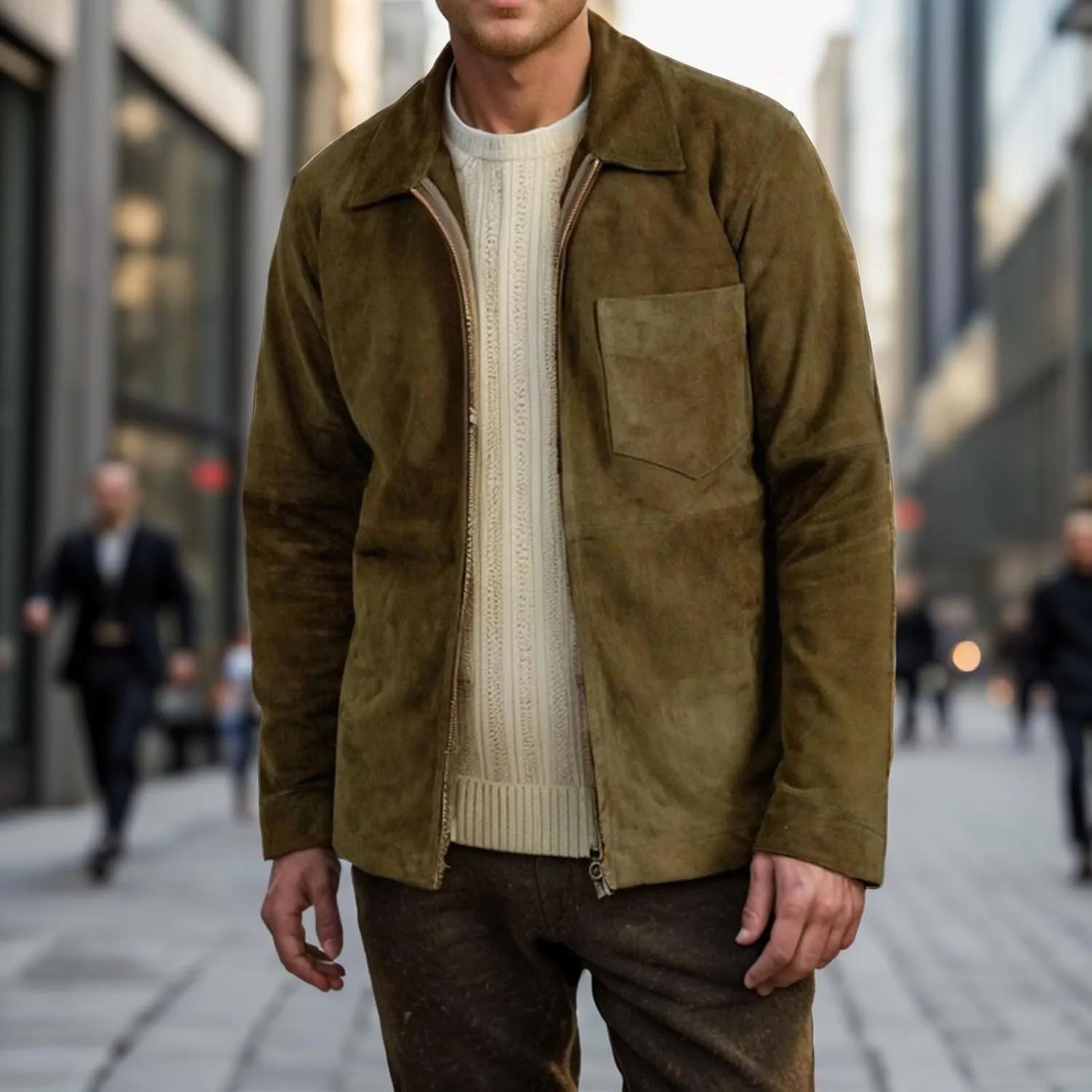 Mens Fleece Slim Fit Jacket Lapel Collar Full Zip Up Windbreaker Outwear with Pocket for Outdoor Hiking and Travel