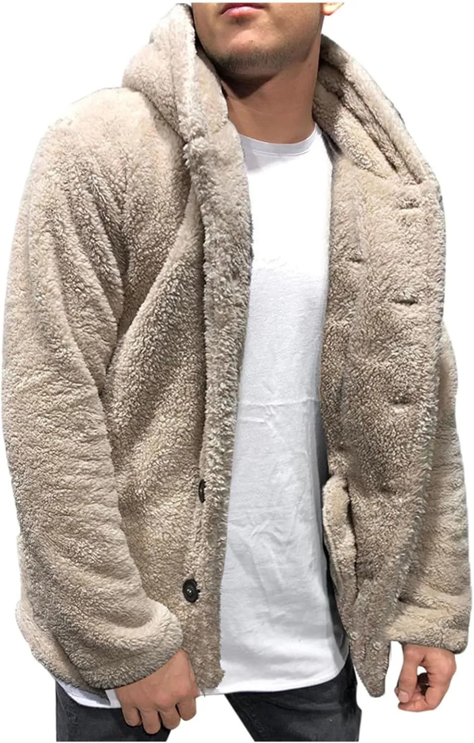 Mens Fuzzy Sherpa Cardigan Warm Thick Jacket with Fleece Hooded Open Front Fluffy Button Down Coat