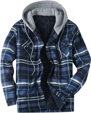 Men's Hooded Shirt Jacket Sherpa Lined Full Zip Plaid Shirt Jackets Flannel Quilted Long Sleeve Winter Warm Cotton Coat