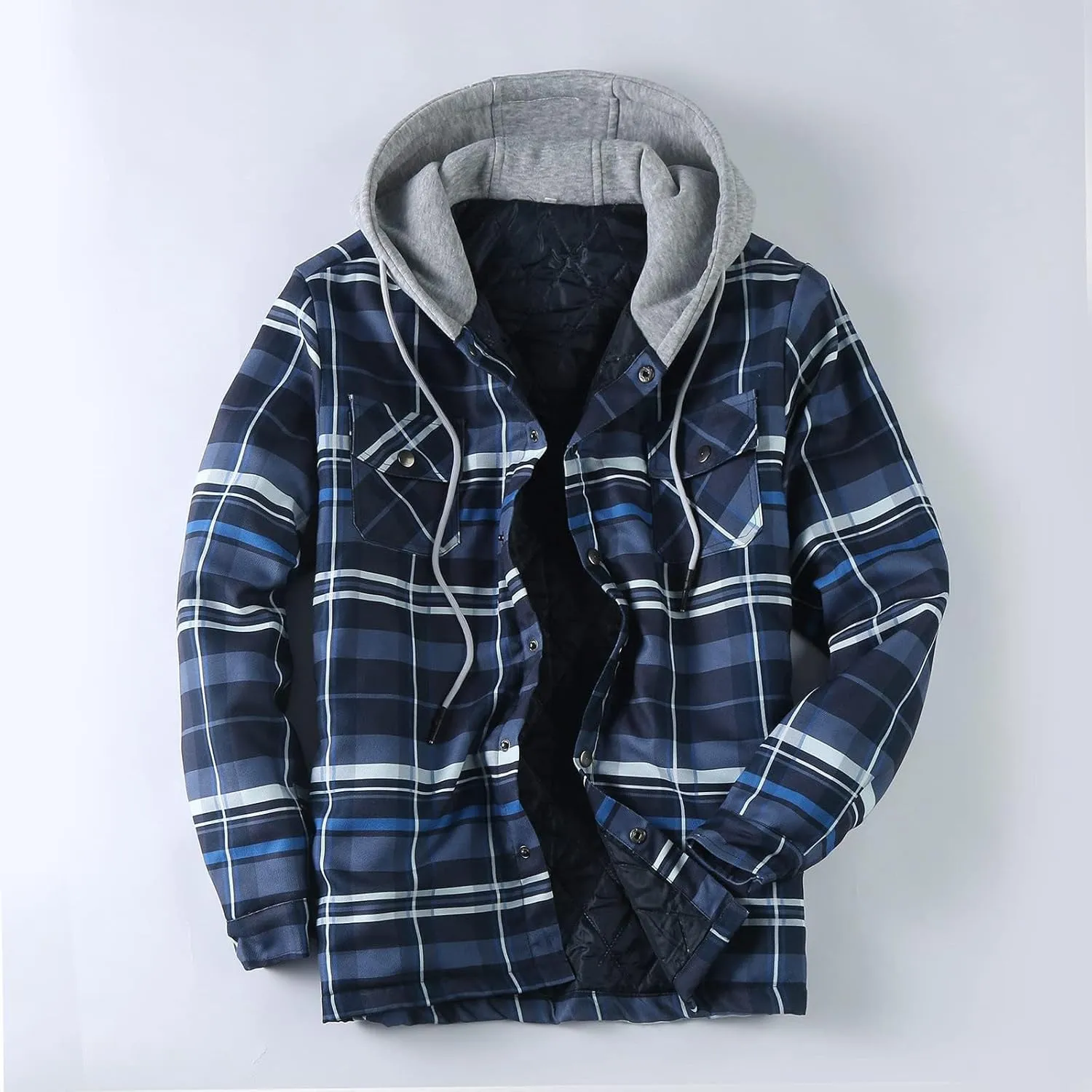 Men's Hooded Shirt Jacket Sherpa Lined Full Zip Plaid Shirt Jackets Flannel Quilted Long Sleeve Winter Warm Cotton Coat