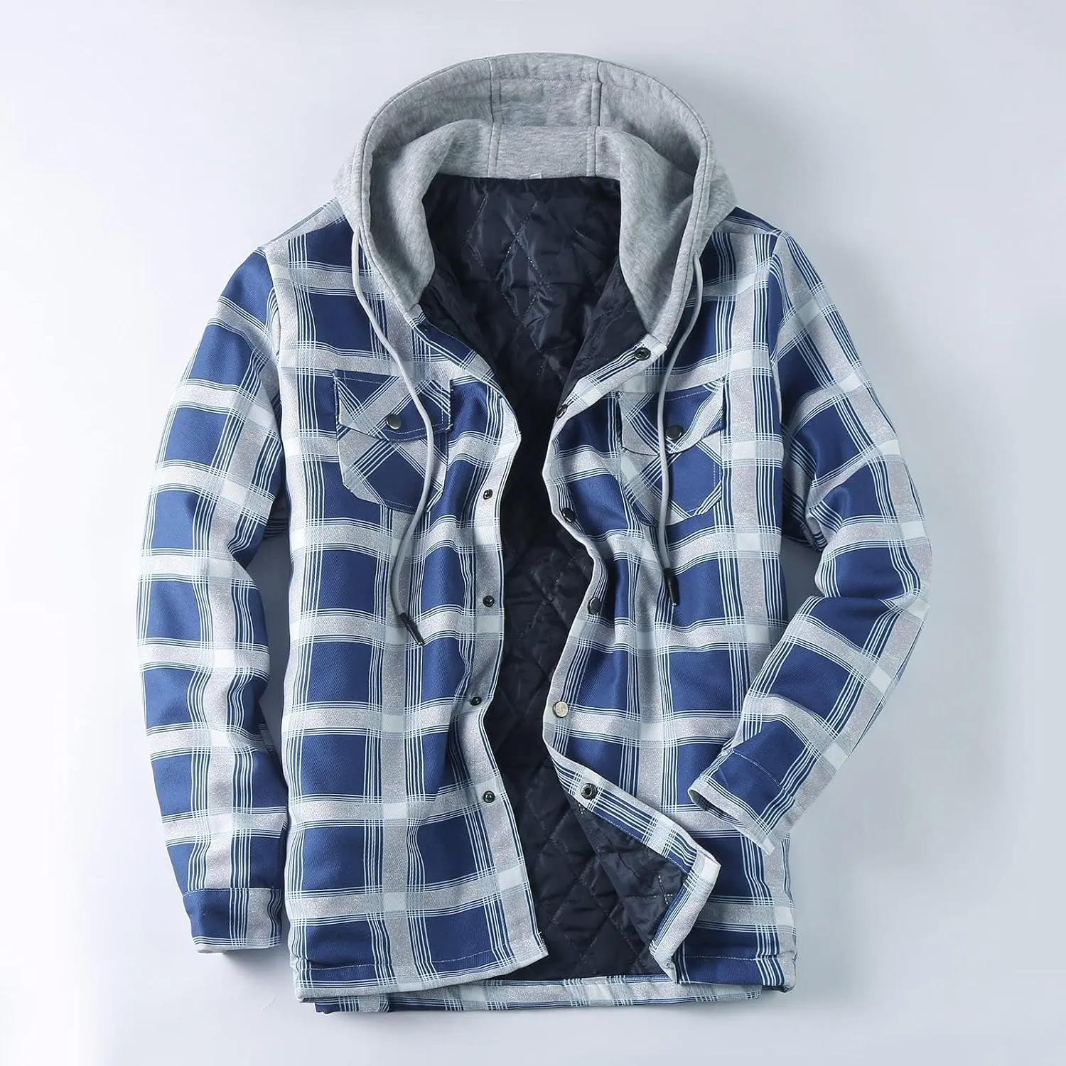 Men's Hooded Shirt Jacket Sherpa Lined Full Zip Plaid Shirt Jackets Flannel Quilted Long Sleeve Winter Warm Cotton Coat
