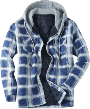 Men's Hooded Shirt Jacket Sherpa Lined Full Zip Plaid Shirt Jackets Flannel Quilted Long Sleeve Winter Warm Cotton Coat