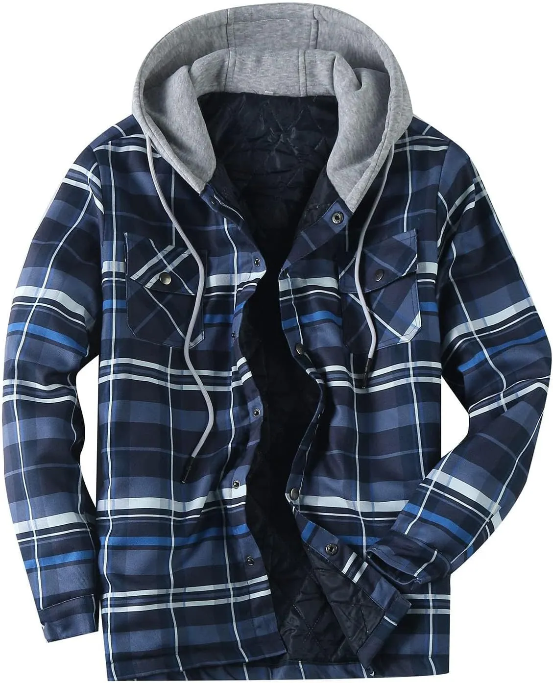 Men's Hooded Shirt Jacket Sherpa Lined Full Zip Plaid Shirt Jackets Flannel Quilted Long Sleeve Winter Warm Cotton Coat