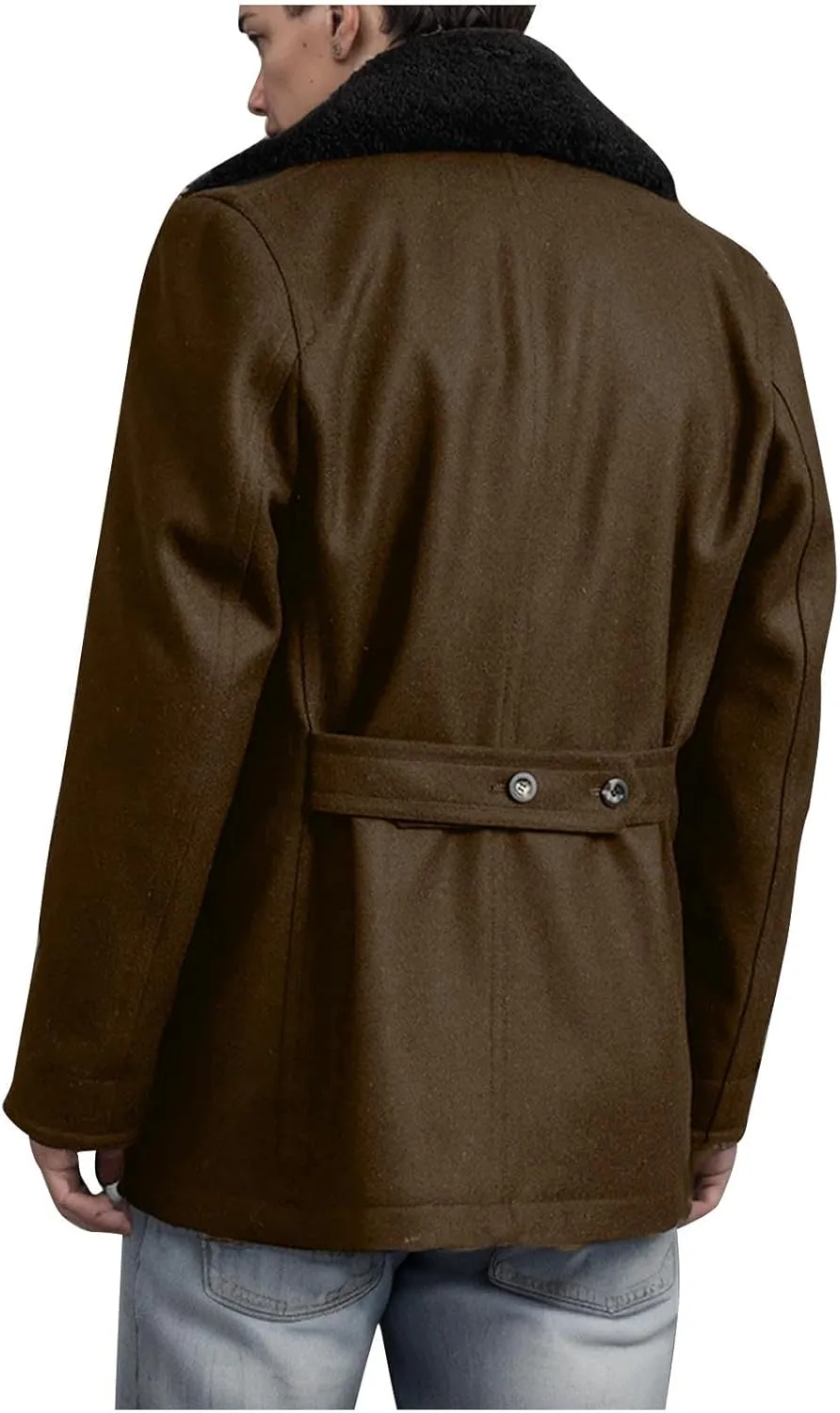 Mens Lapel Double Breasted Trench Coat Winter Warm Business Short Pea Coats Faux Fur Collar Overcoat Open Front Cardigan Coat