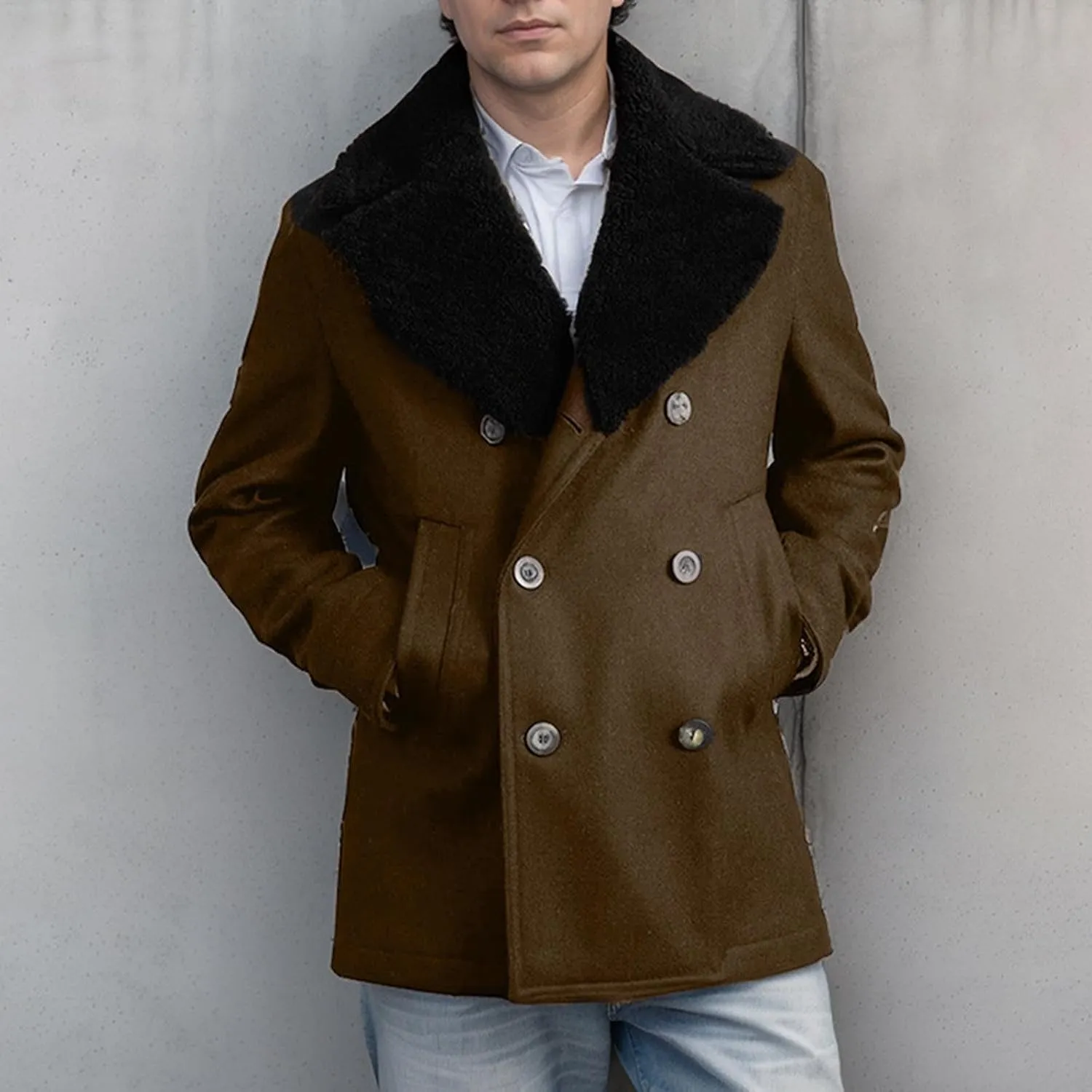 Mens Lapel Double Breasted Trench Coat Winter Warm Business Short Pea Coats Faux Fur Collar Overcoat Open Front Cardigan Coat