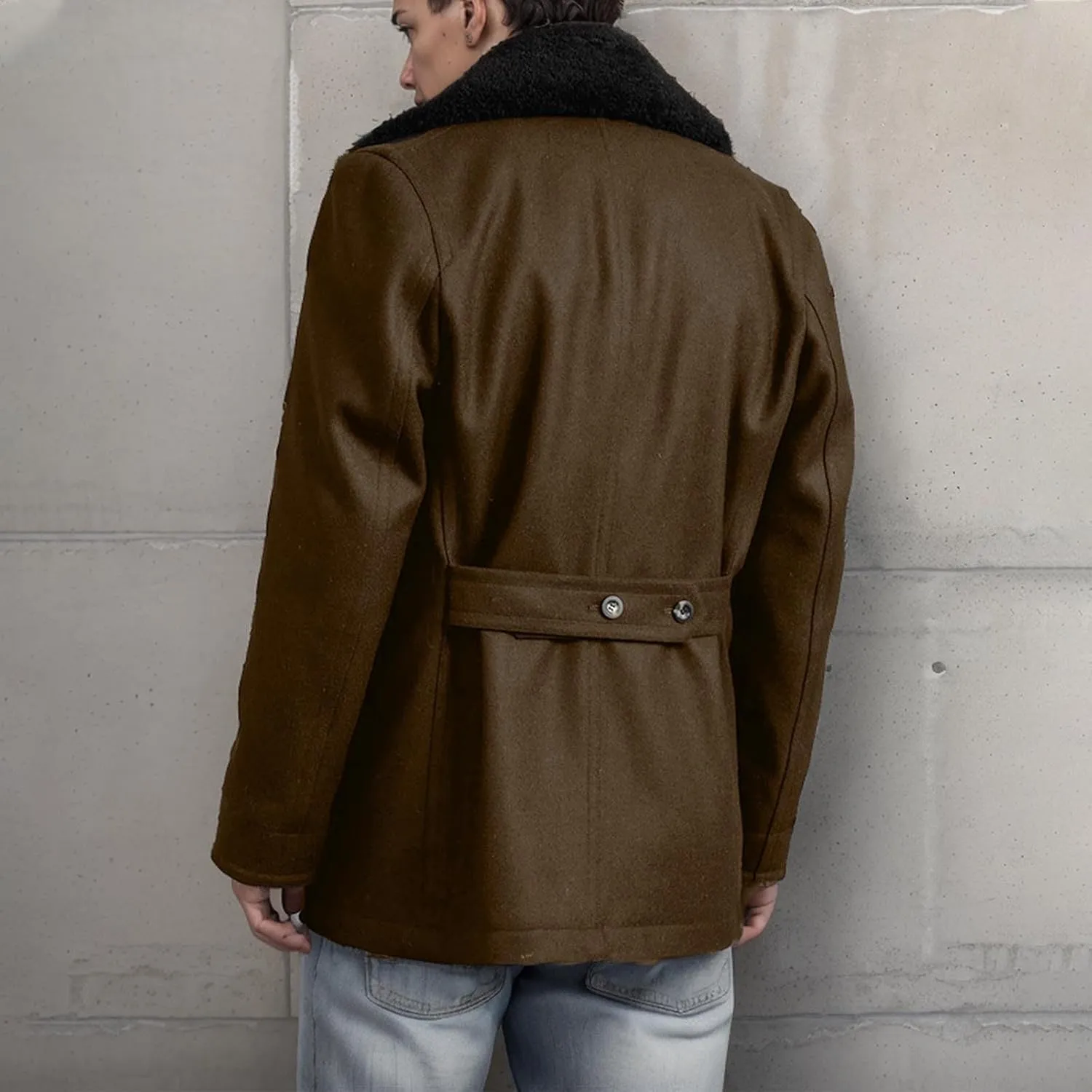 Mens Lapel Double Breasted Trench Coat Winter Warm Business Short Pea Coats Faux Fur Collar Overcoat Open Front Cardigan Coat
