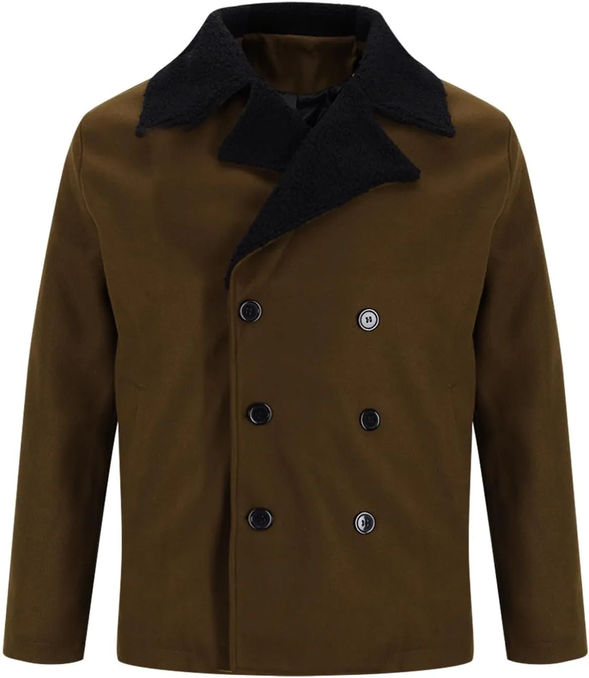 Mens Lapel Double Breasted Trench Coat Winter Warm Business Short Pea Coats Faux Fur Collar Overcoat Open Front Cardigan Coat
