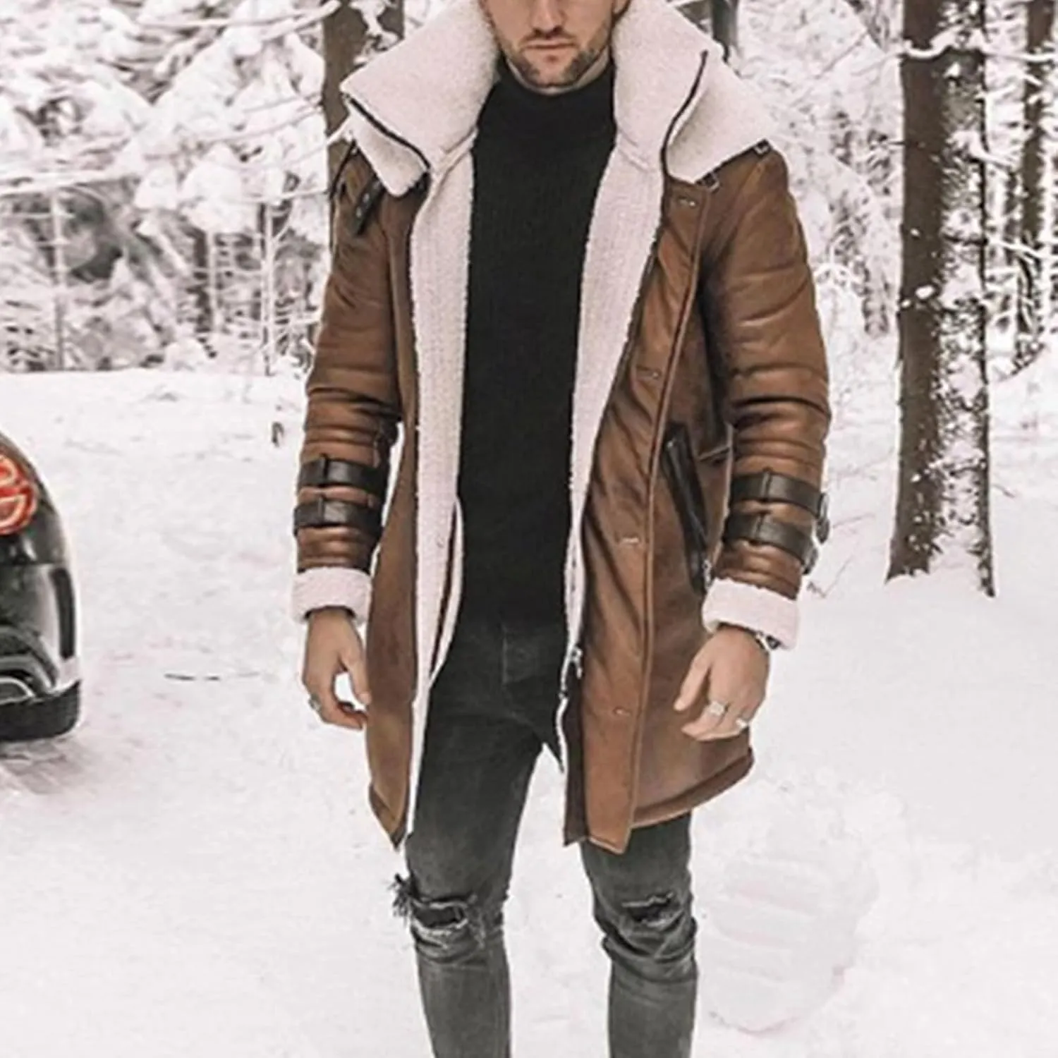 Mens Long Pea Sherpa Lined Trench Jacket Fleece Shearling Lining Heavyweight Suede Leather for Hunting Trucking