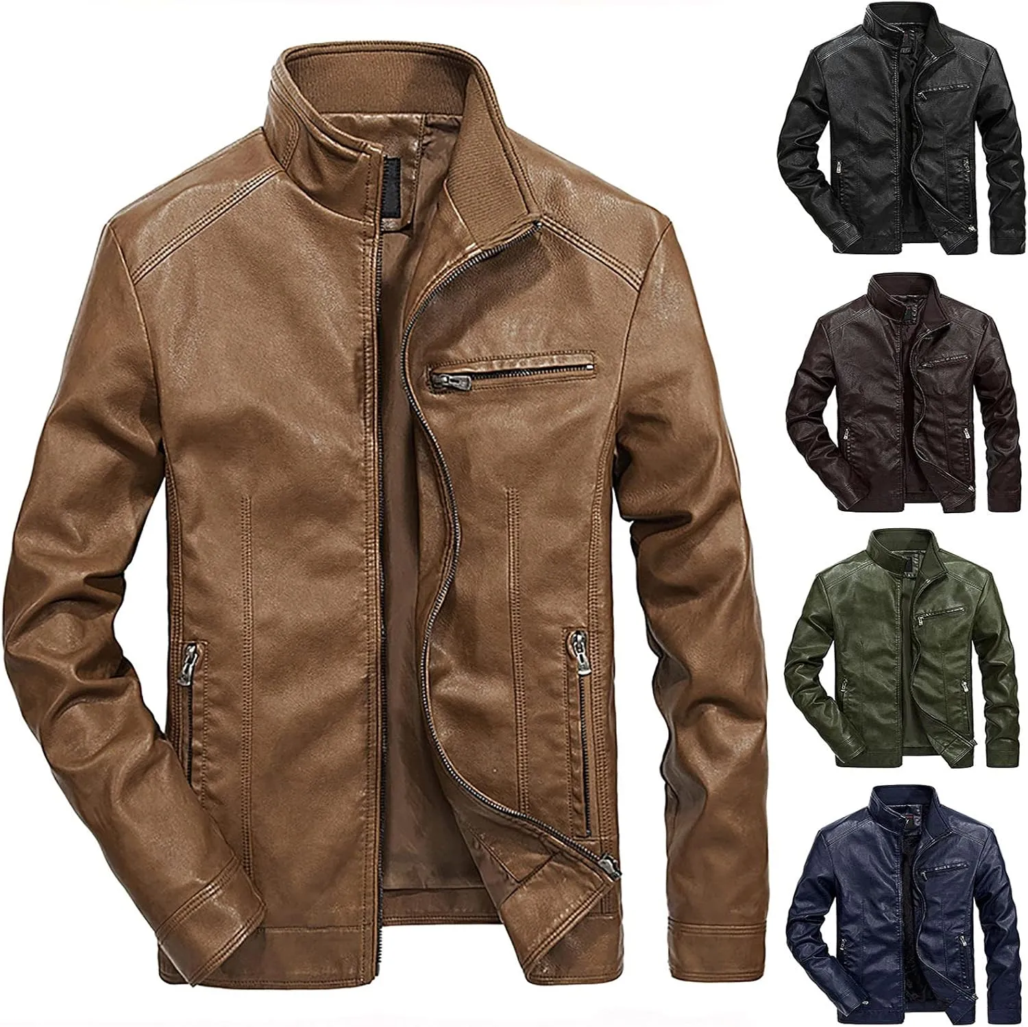 Mens Mid Length Jacket Faux Leather Bomber Jackets Motorcycle Coat Slim Fit Moto Overcoat Faux-Leather Outwear