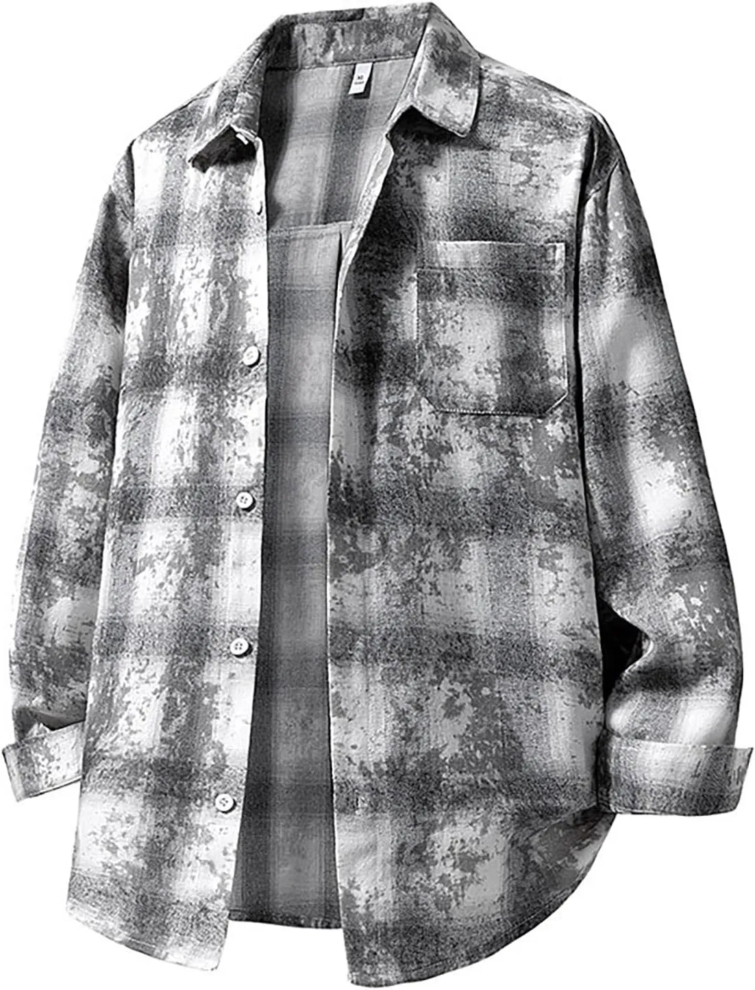 Men's Plaid Shirt Spring Fall Checkered Oversized Blouse Top Loose Long Sleeve Button Down Casual Cardigan with Pocket