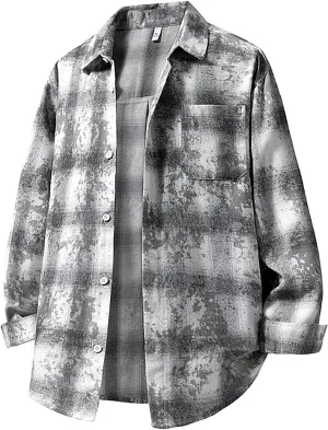 Men's Plaid Shirt Spring Fall Checkered Oversized Blouse Top Loose Long Sleeve Button Down Casual Cardigan with Pocket