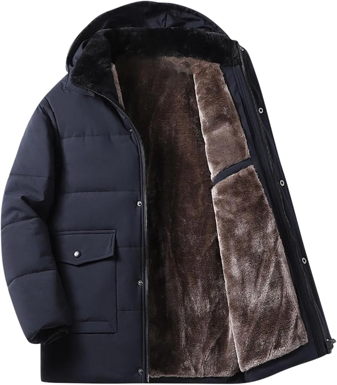 Mens Puffer Jacket Fleece Lined Down Coat Hooded Quilted Jacket Plus Size Padded Coat Warm Insulated Jacket Winter Coat