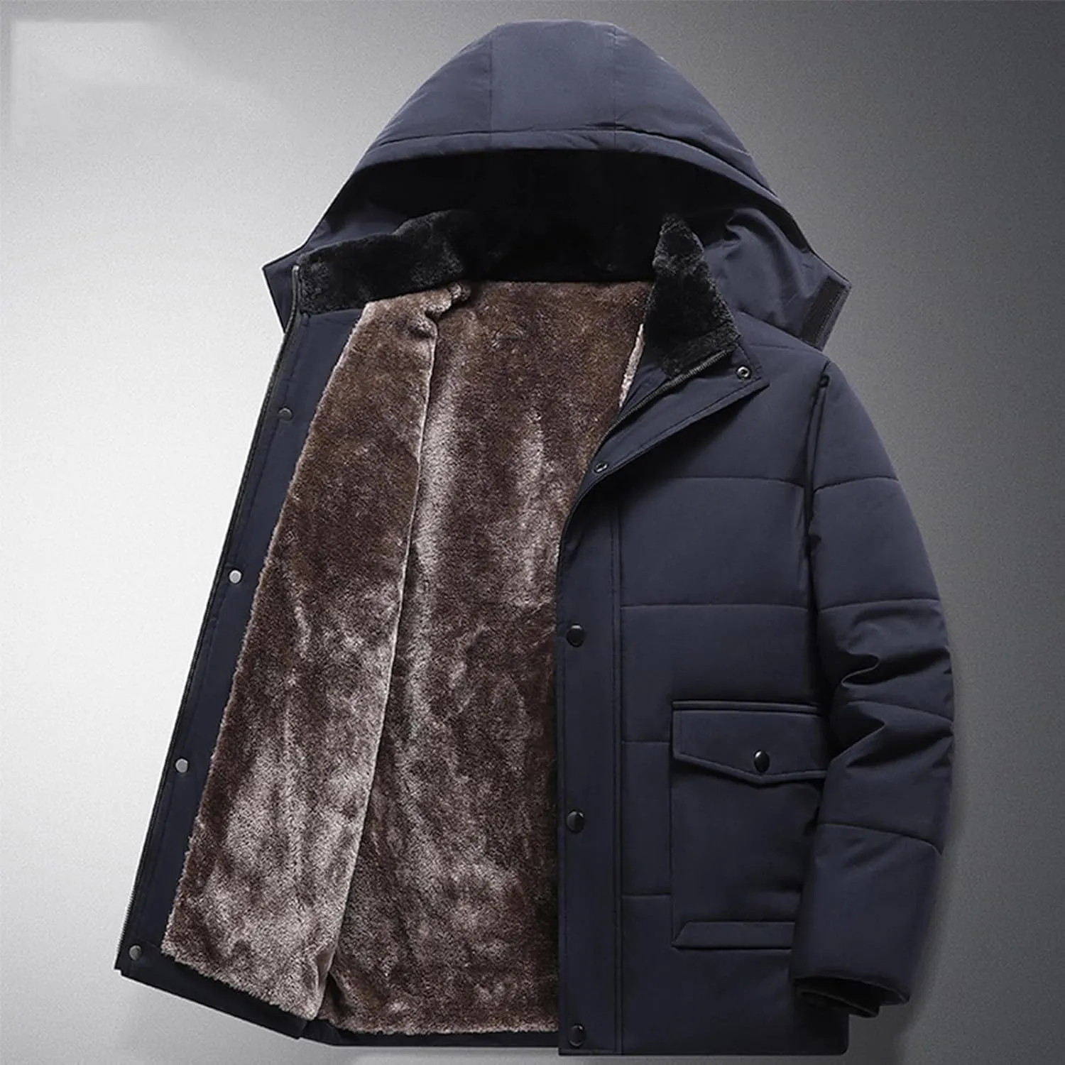 Mens Puffer Jacket Fleece Lined Down Coat Hooded Quilted Jacket Plus Size Padded Coat Warm Insulated Jacket Winter Coat