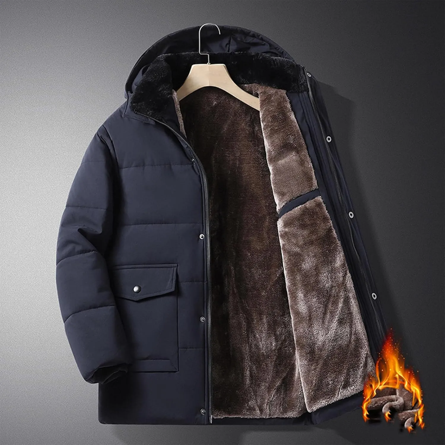 Mens Puffer Jacket Fleece Lined Down Coat Hooded Quilted Jacket Plus Size Padded Coat Warm Insulated Jacket Winter Coat