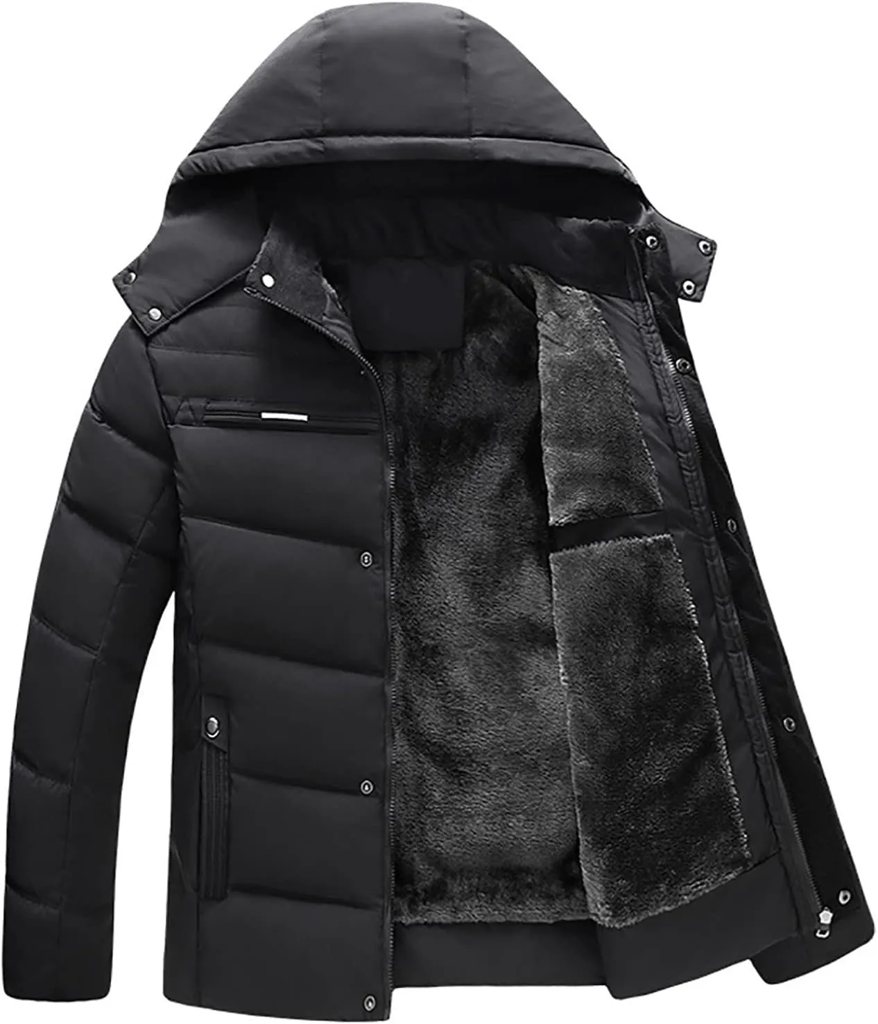 Men's Puffer Jacket Fleece Lined Down Coat Windproof Parka Hooded Quilted Coat Zip up Padded Coat Warm Winter Jacket