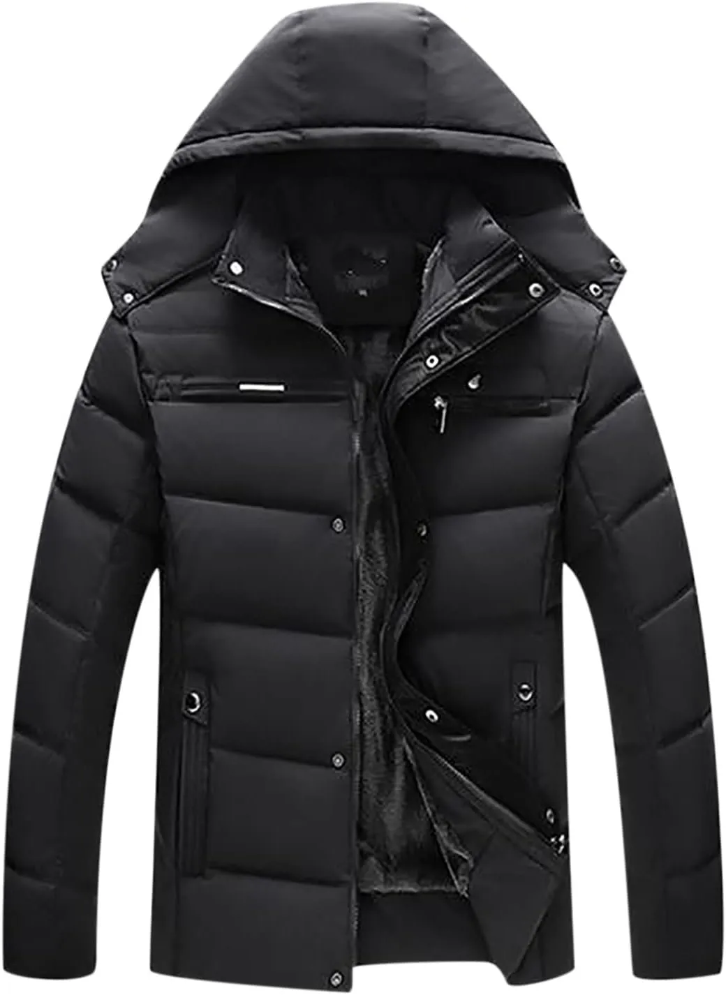Men's Puffer Jacket Fleece Lined Down Coat Windproof Parka Hooded Quilted Coat Zip up Padded Coat Warm Winter Jacket