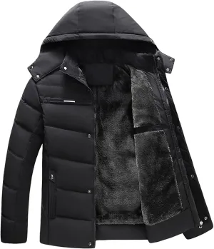 Men's Puffer Jacket Fleece Lined Down Coat Windproof Parka Hooded Quilted Coat Zip up Padded Coat Warm Winter Jacket