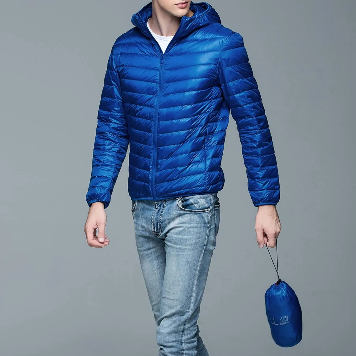 Mens Puffer Jacket with Hood Full Zip Lightweight Winter Down Coats Loose Fit Long Sleeve Hooded Sweatshirt Quilted Jackets