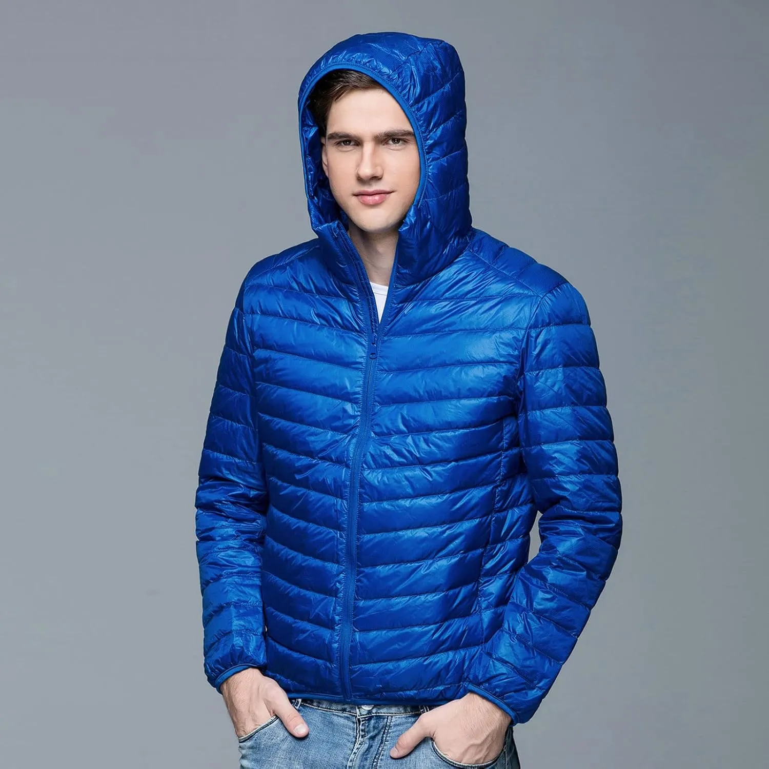 Mens Puffer Jacket with Hood Full Zip Lightweight Winter Down Coats Loose Fit Long Sleeve Hooded Sweatshirt Quilted Jackets