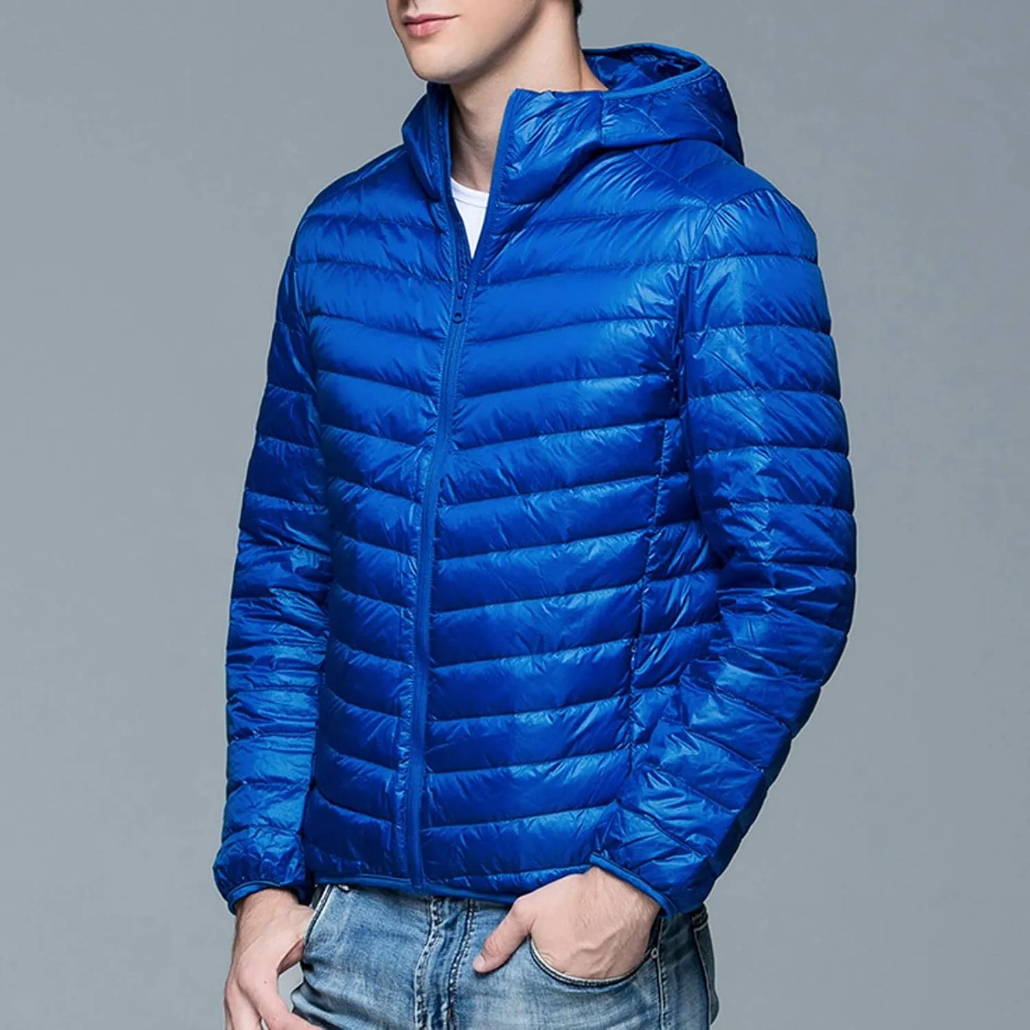 Mens Puffer Jacket with Hood Full Zip Lightweight Winter Down Coats Loose Fit Long Sleeve Hooded Sweatshirt Quilted Jackets