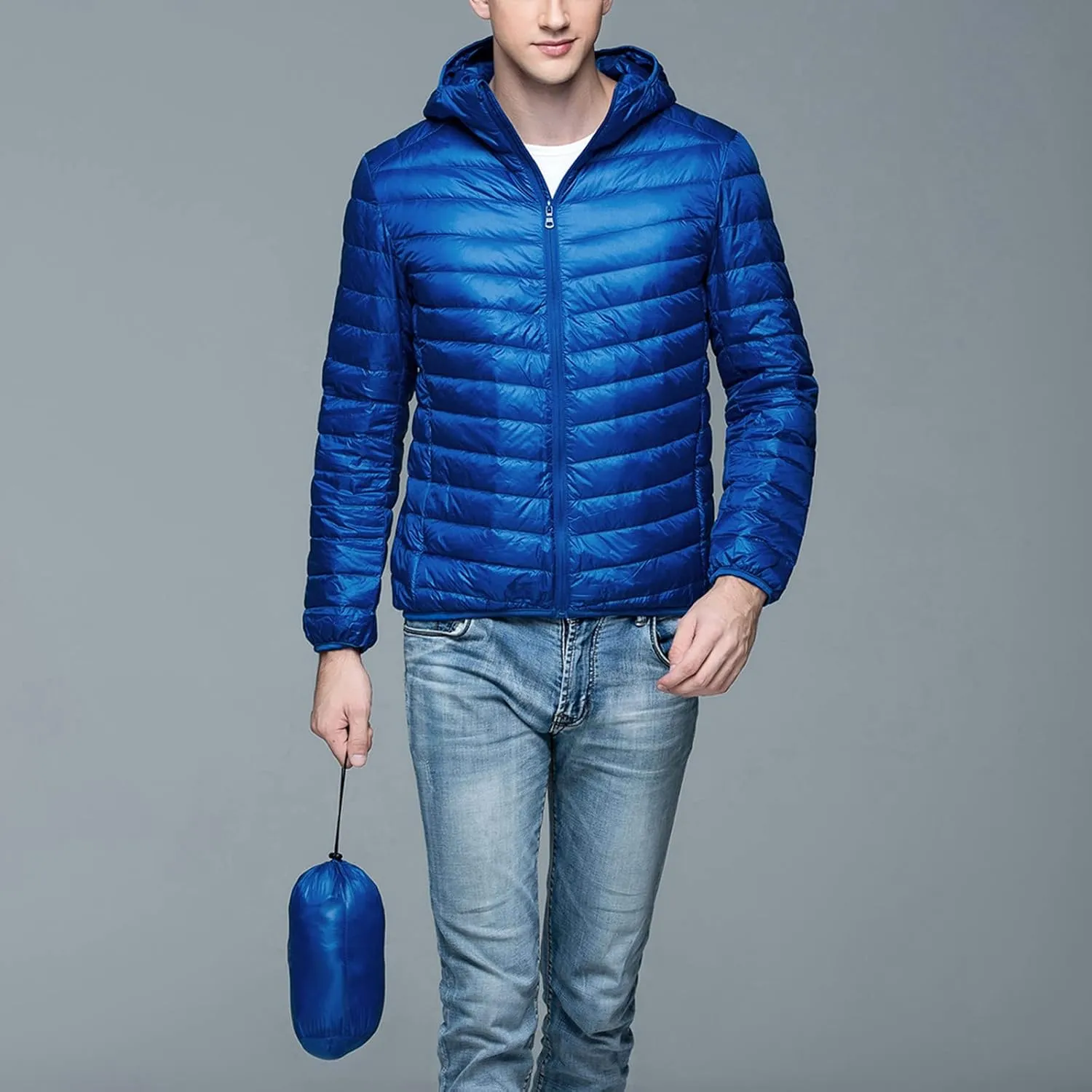 Mens Puffer Jacket with Hood Full Zip Lightweight Winter Down Coats Loose Fit Long Sleeve Hooded Sweatshirt Quilted Jackets