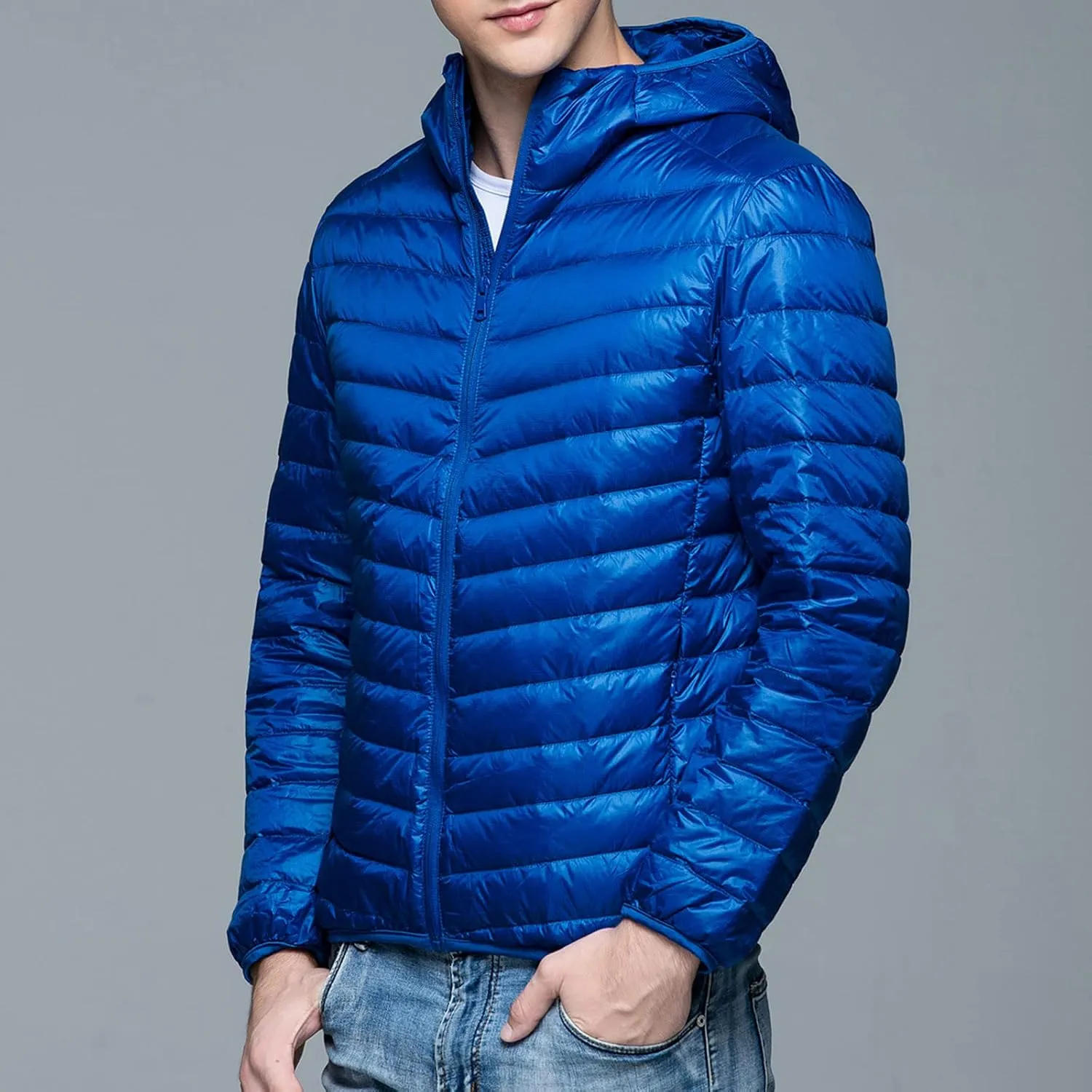 Mens Puffer Jacket with Hood Full Zip Lightweight Winter Down Coats Loose Fit Long Sleeve Hooded Sweatshirt Quilted Jackets