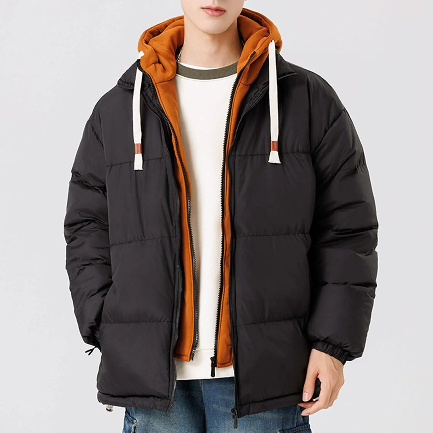 Mens Puffer Jacket with Hood Lightweight Down Coat Zip up Quilted Jacket Padded Insulated Coat Warm Winter Jackets