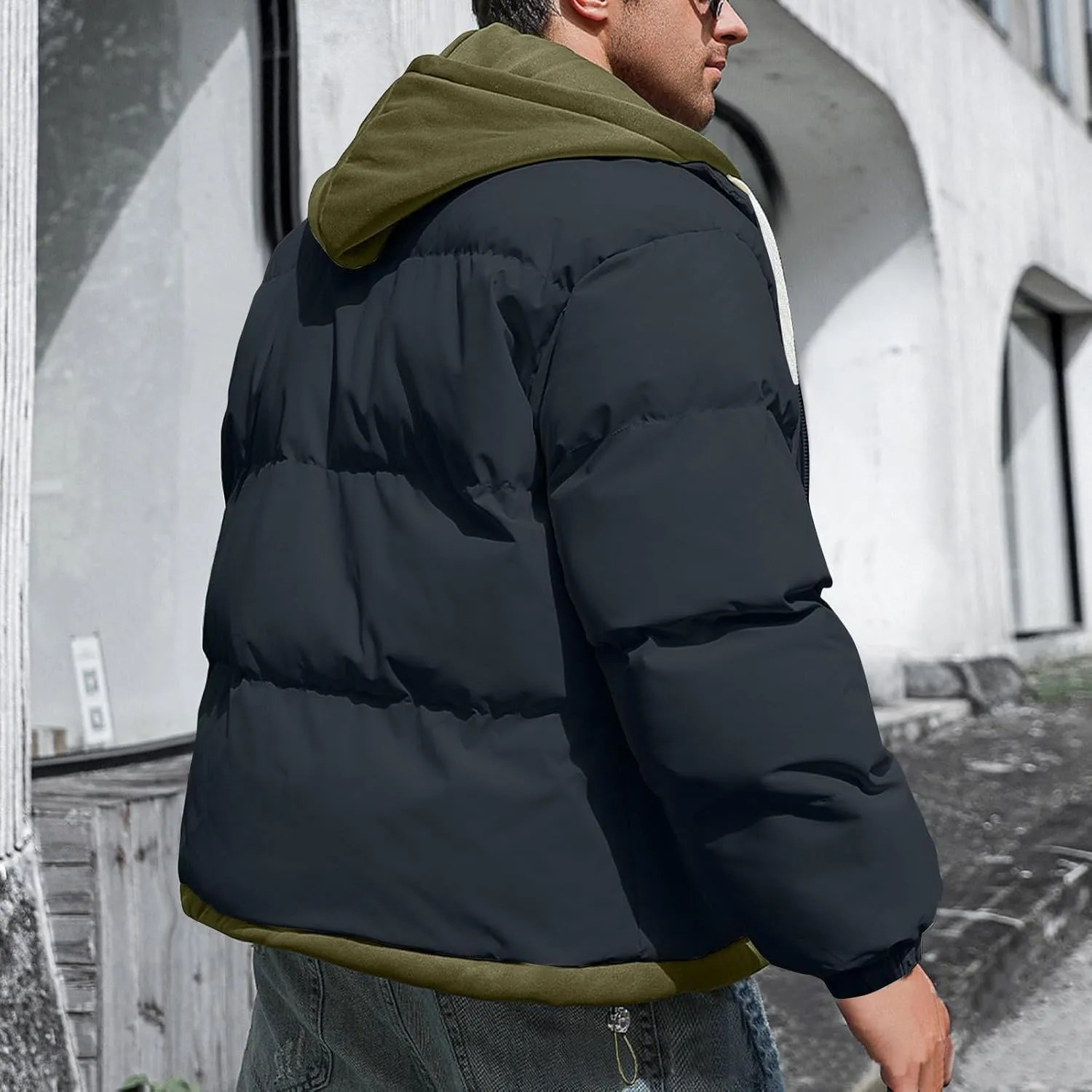 Mens Puffer Jacket Zip up Padded Coat Hooded down Coat Quilted Insulated Jacket Windproof Winter Jacket Thermal Outwear