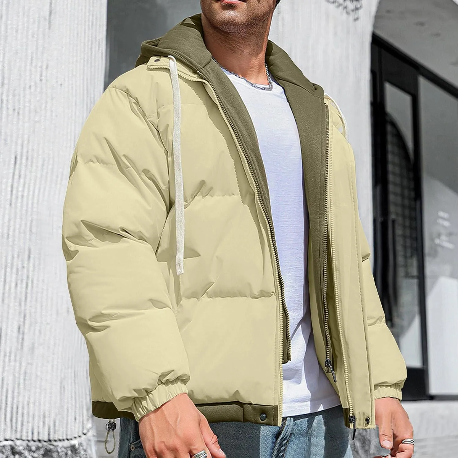 Mens Puffer Jacket Zip up Padded Coat Hooded down Coat Quilted Insulated Jacket Windproof Winter Jacket Thermal Outwear
