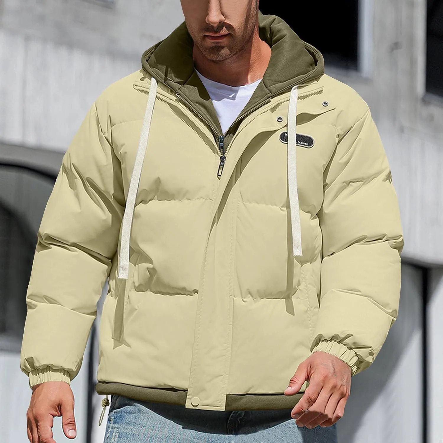 Mens Puffer Jacket Zip up Padded Coat Hooded down Coat Quilted Insulated Jacket Windproof Winter Jacket Thermal Outwear