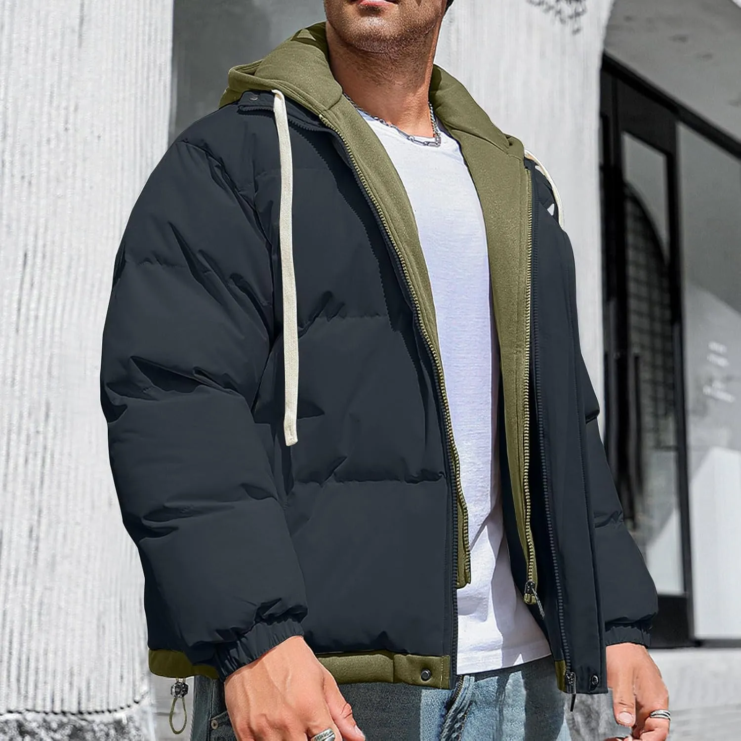 Mens Puffer Jacket Zip up Padded Coat Hooded down Coat Quilted Insulated Jacket Windproof Winter Jacket Thermal Outwear