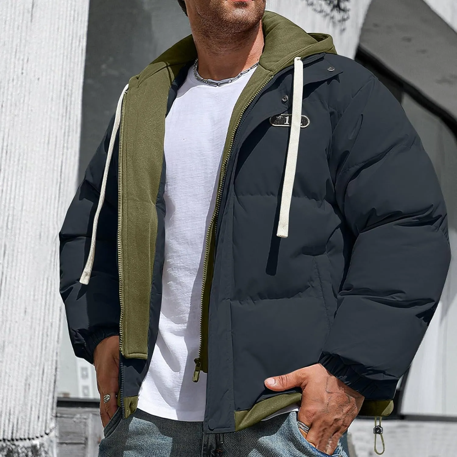 Mens Puffer Jacket Zip up Padded Coat Hooded down Coat Quilted Insulated Jacket Windproof Winter Jacket Thermal Outwear