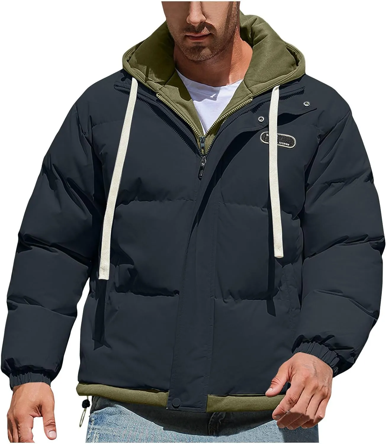 Mens Puffer Jacket Zip up Padded Coat Hooded down Coat Quilted Insulated Jacket Windproof Winter Jacket Thermal Outwear