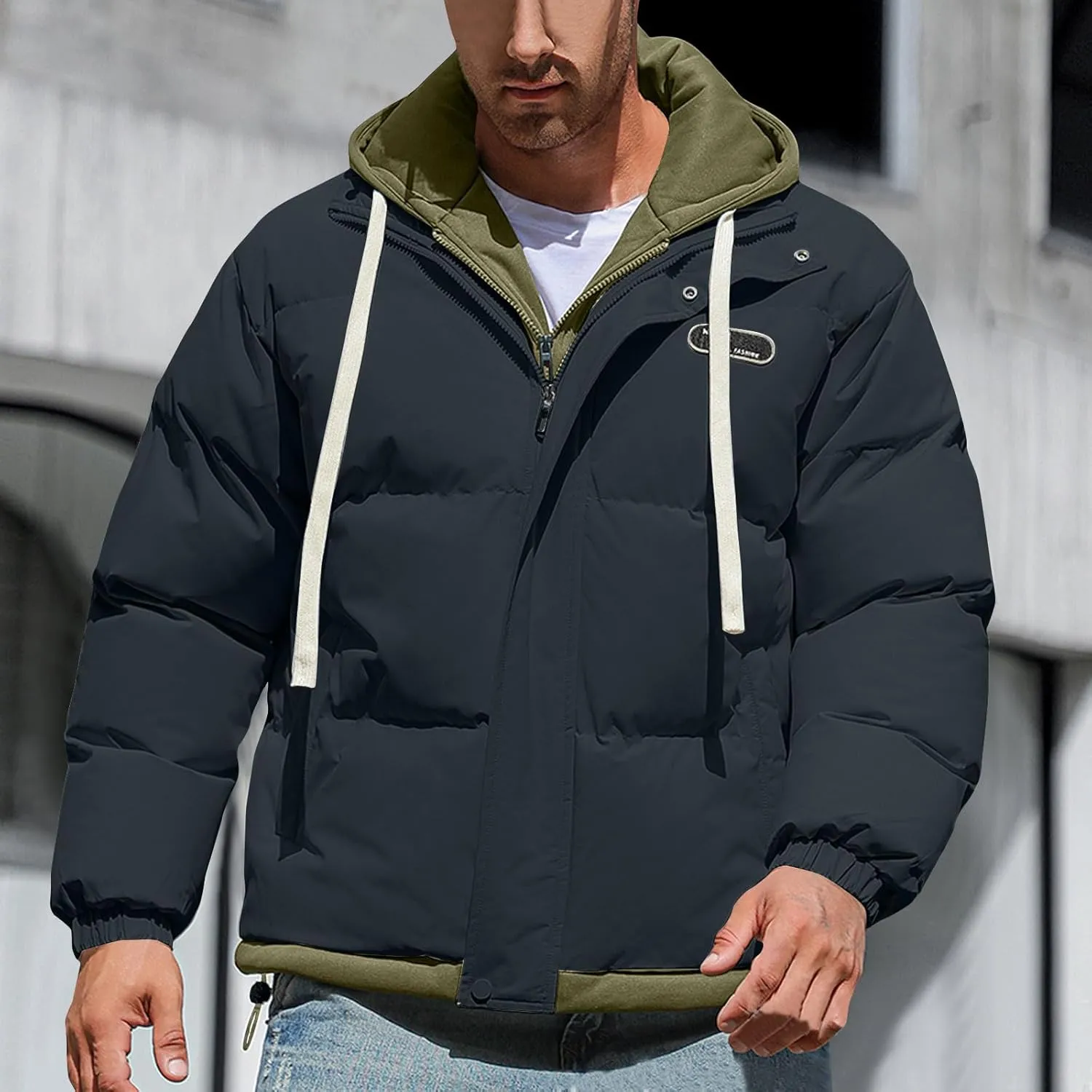 Mens Puffer Jacket Zip up Padded Coat Hooded down Coat Quilted Insulated Jacket Windproof Winter Jacket Thermal Outwear