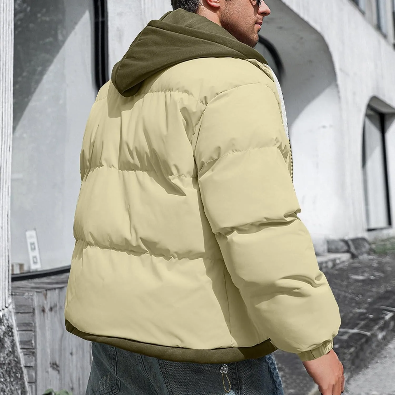 Mens Puffer Jacket Zip up Padded Coat Hooded down Coat Quilted Insulated Jacket Windproof Winter Jacket Thermal Outwear