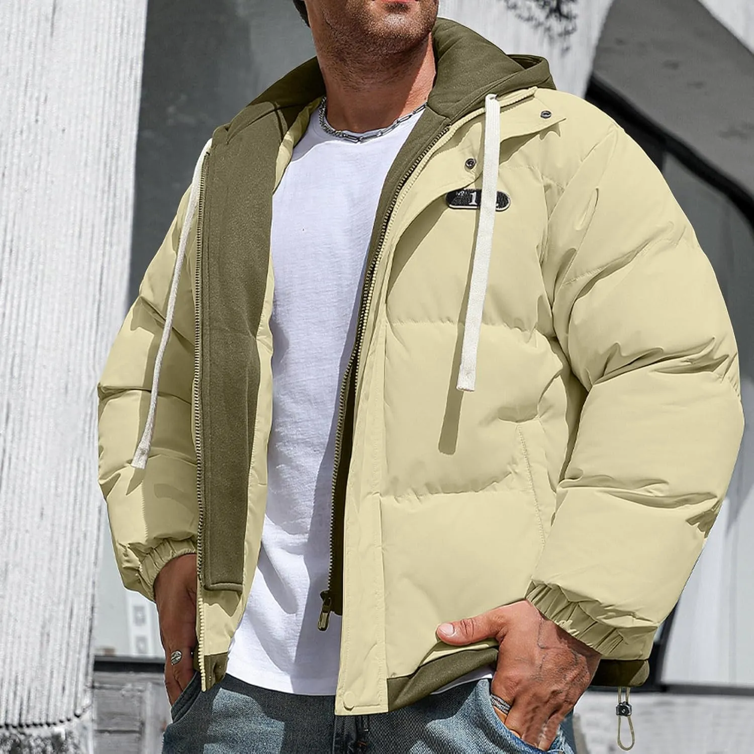 Mens Puffer Jacket Zip up Padded Coat Hooded down Coat Quilted Insulated Jacket Windproof Winter Jacket Thermal Outwear