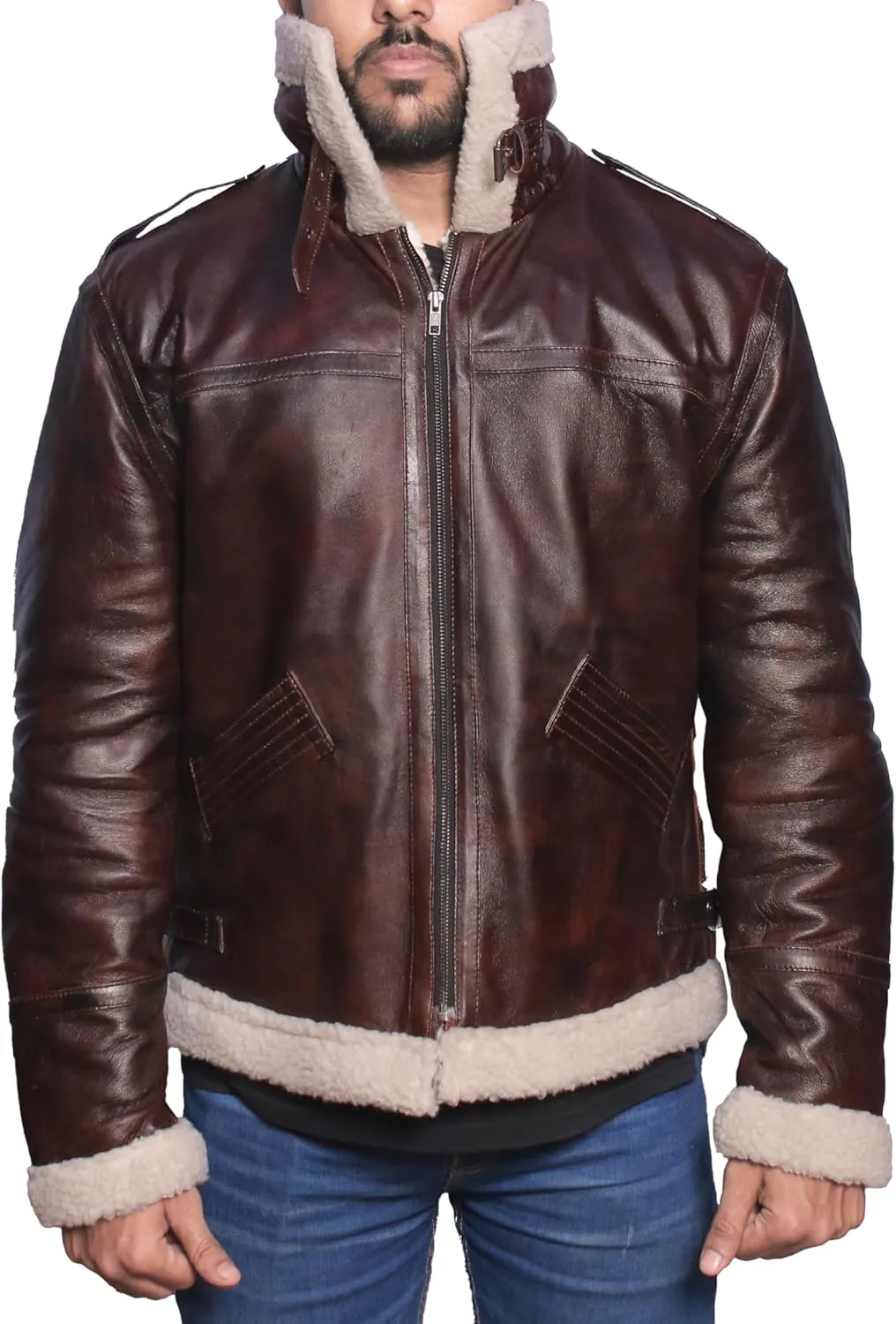 Mens RAF B3 Aviator Bomber Leather Jacket - WW2 Fur Shearling Sheepskin Jacket Men Black/Brown