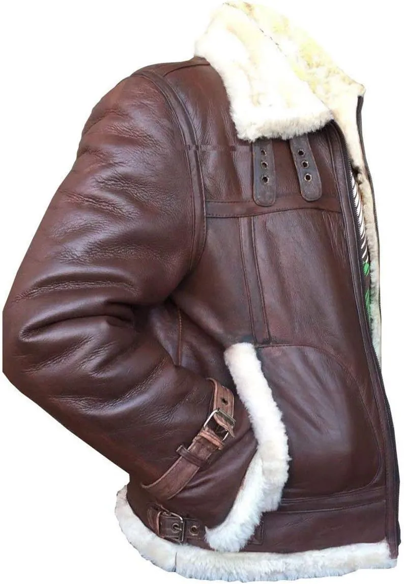 Mens RAF B3 Aviator Bomber Leather Jacket - WW2 Fur Shearling Sheepskin Jacket Men Black/Brown