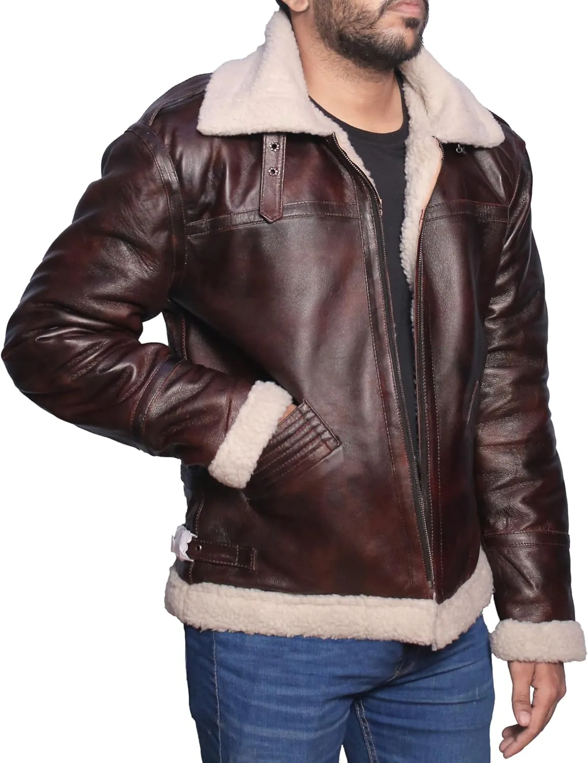 Mens RAF B3 Aviator Bomber Leather Jacket - WW2 Fur Shearling Sheepskin Jacket Men Black/Brown