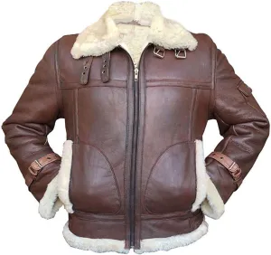 Mens RAF B3 Aviator Bomber Leather Jacket - WW2 Fur Shearling Sheepskin Jacket Men Black/Brown