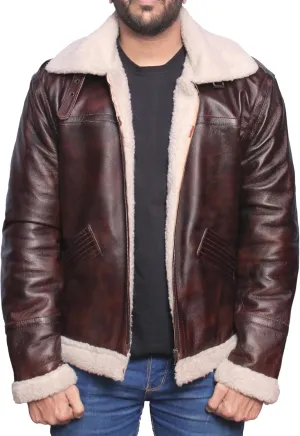 Mens RAF B3 Aviator Bomber Leather Jacket - WW2 Fur Shearling Sheepskin Jacket Men Black/Brown