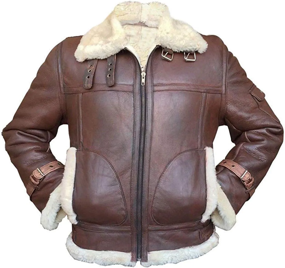 Mens RAF B3 Aviator Bomber Leather Jacket - WW2 Fur Shearling Sheepskin Jacket Men Black/Brown