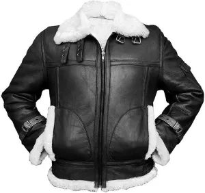Mens RAF B3 Aviator Bomber Leather Jacket - WW2 Fur Shearling Sheepskin Jacket Men Black/Brown