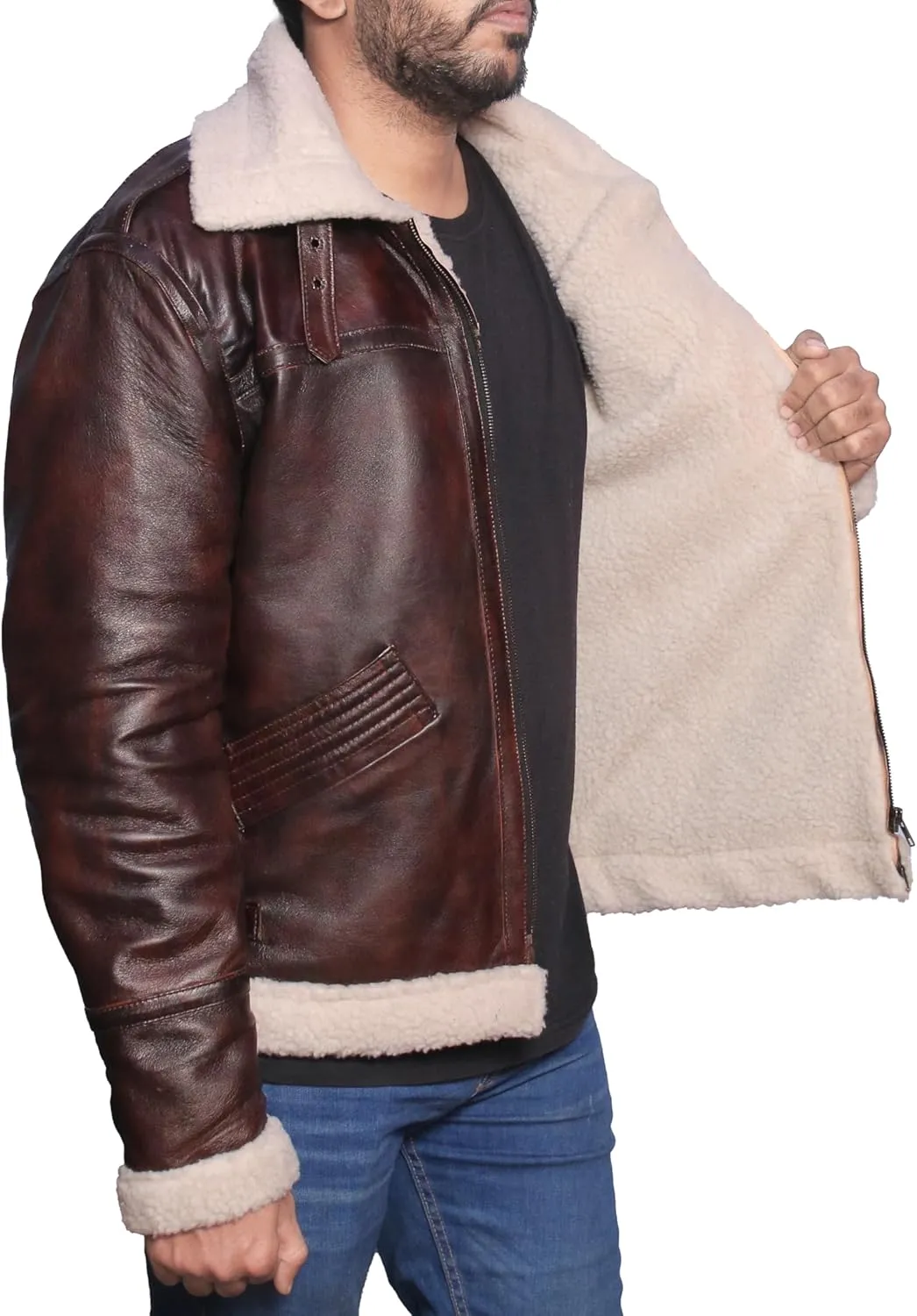 Mens RAF B3 Aviator Bomber Leather Jacket - WW2 Fur Shearling Sheepskin Jacket Men Black/Brown