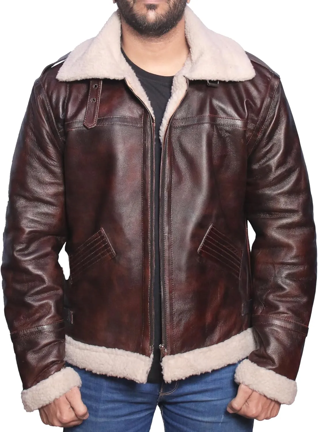 Mens RAF B3 Aviator Bomber Leather Jacket - WW2 Fur Shearling Sheepskin Jacket Men Black/Brown