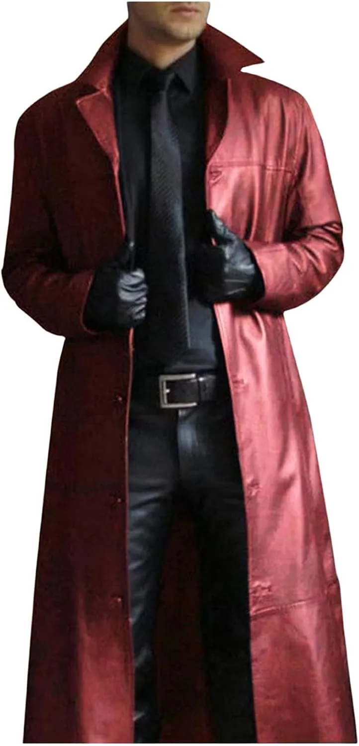Mens Retro Black Leather Jacket Long Steampunk Trench Coat German Faux Leather Coat Military Officer Uniform Overcoat