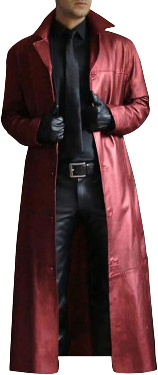 Mens Retro Black Leather Jacket Long Steampunk Trench Coat German Faux Leather Coat Military Officer Uniform Overcoat