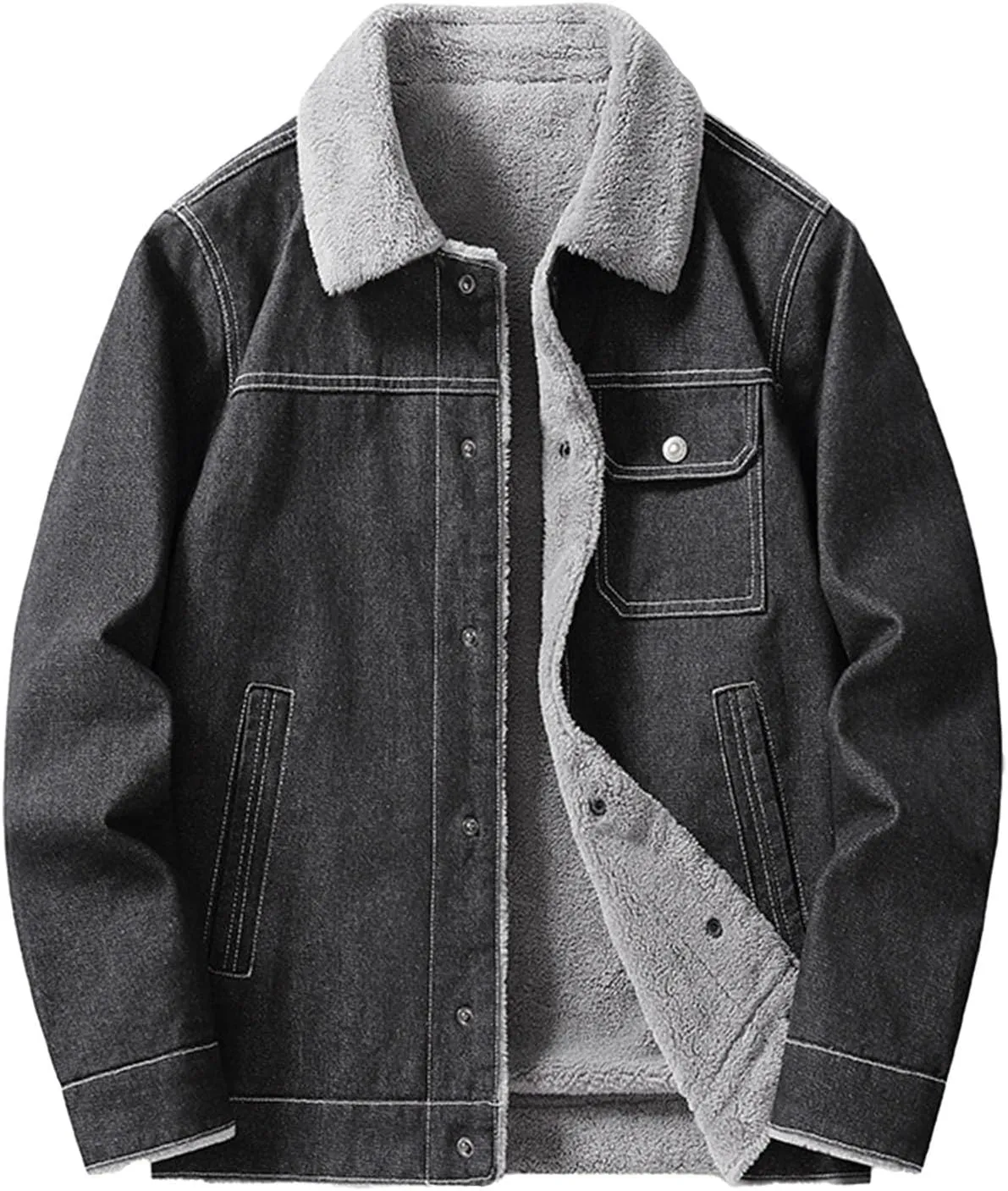 Men's Sherpa Fleece Lined Denim Jacket Winter Warm Jean Trucker Coat Lapel Button Down Denim Jackets with Pockets