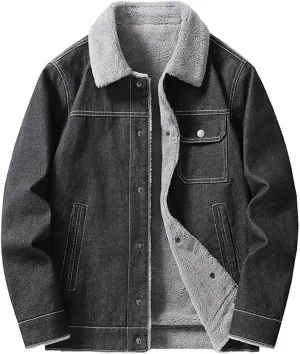 Men's Sherpa Fleece Lined Denim Jacket Winter Warm Jean Trucker Coat Lapel Button Down Denim Jackets with Pockets