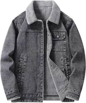 Men's Sherpa Fleece Lined Denim Jacket Winter Warm Jean Trucker Coat Lapel Button Down Denim Jackets with Pockets